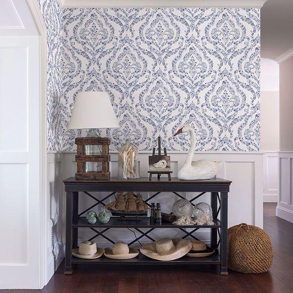 A Street Prints Featherton Blue Floral Damask Wallpaper