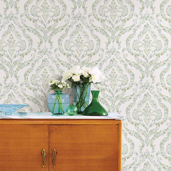 A Street Prints Featherton Light Green Floral Damask Wallpaper