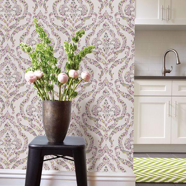 A Street Prints Featherton Pink Floral Damask Wallpaper