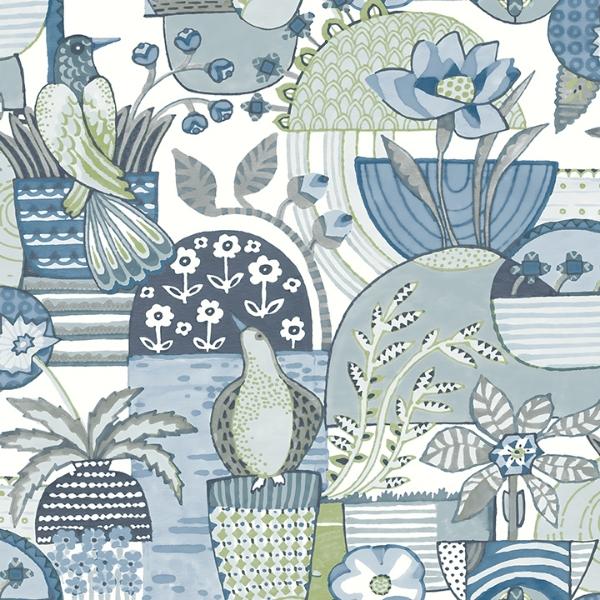 a street prints Fika Blue Blissful Birds & Blooms Wallpaper