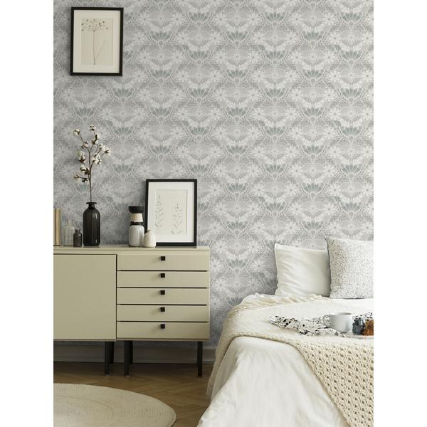 A Street Prints Klockrike Light Grey Botanical Damask Wallpaper