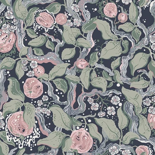 a street prints Kort Dark Blue Fruit and Floral Wallpaper