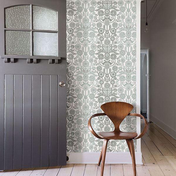 A Street Prints Lovebirds Slate Folk Stripe Wallpaper