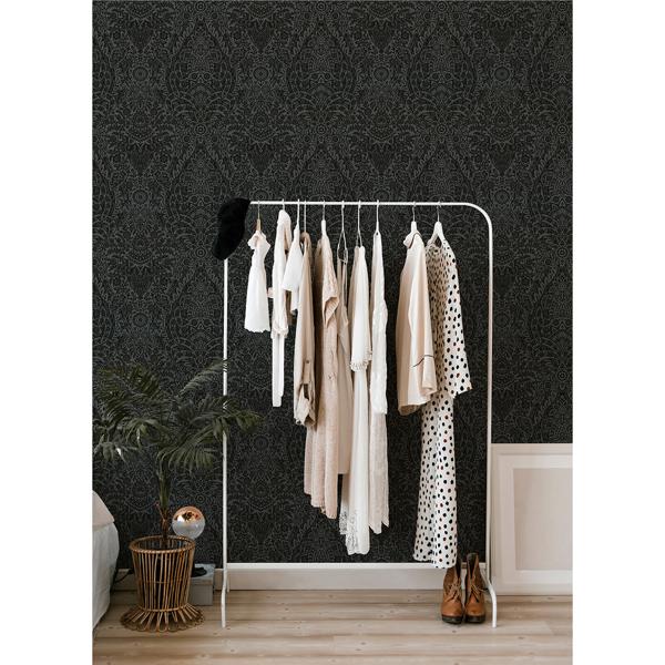 A Street Prints Maris Charcoal Flock Damask Wallpaper