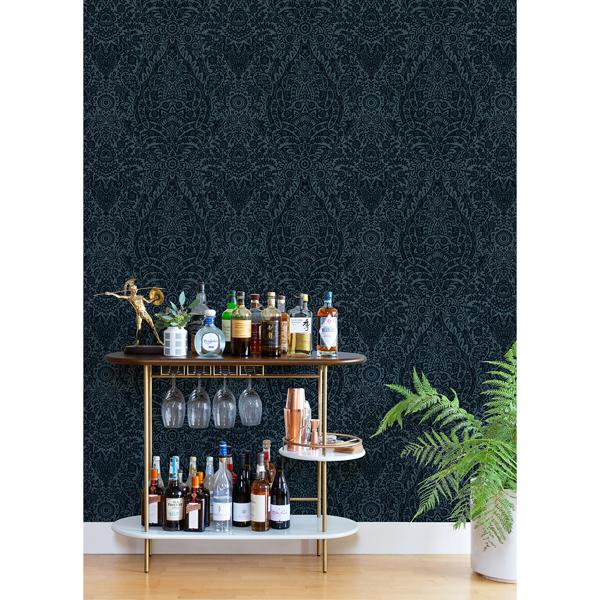 A Street Prints Maris Indigo Flock Damask Wallpaper