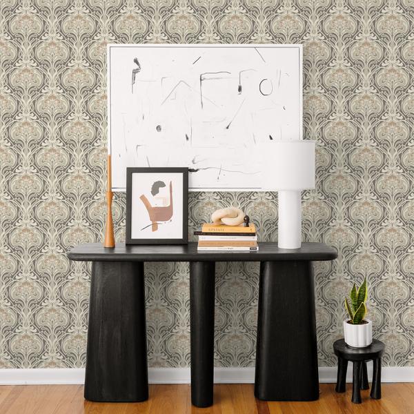 A Street Prints Mucha Dark Grey Botanical Ogee Wallpaper