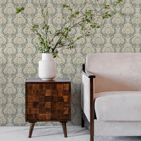 A Street Prints Mucha Dark Grey Botanical Ogee Wallpaper