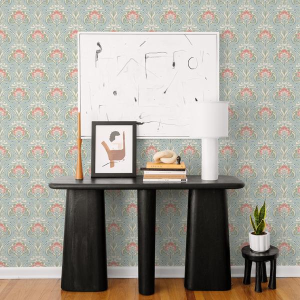 A Street Prints Mucha Light Blue Botanical Ogee Wallpaper