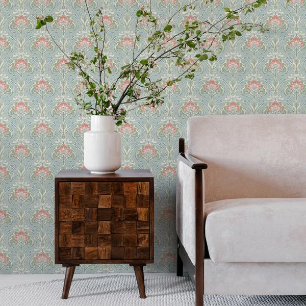 A Street Prints Mucha Light Blue Botanical Ogee Wallpaper