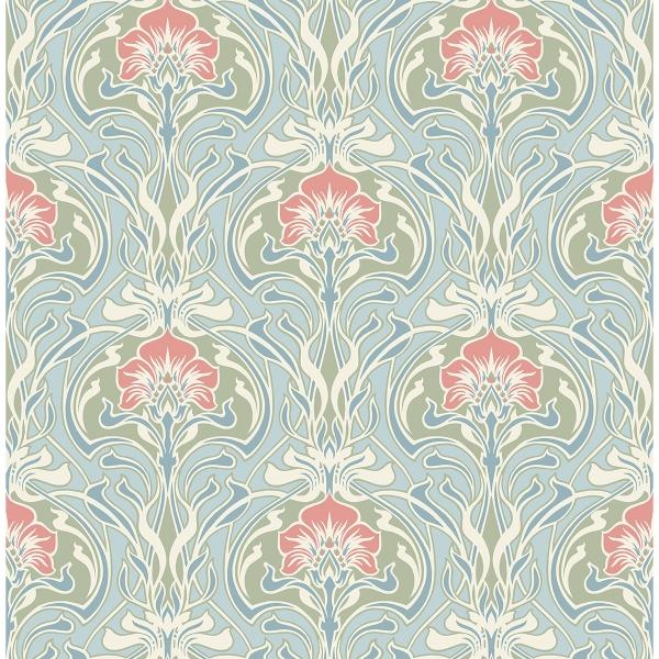 a street prints Mucha Light Blue Botanical Ogee Wallpaper