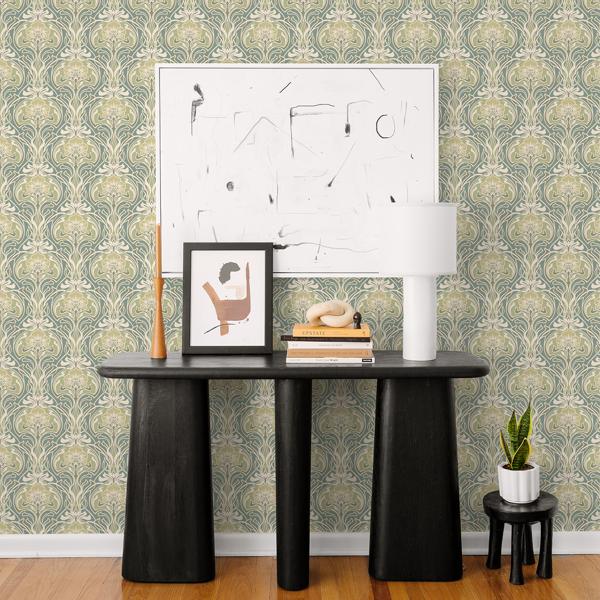 A Street Prints Mucha Teal Botanical Ogee Wallpaper