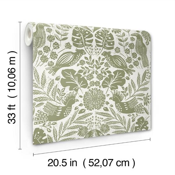 A Street Prints Nestle Green Bird Block Print Wallpaper