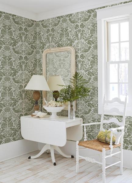 A Street Prints Nestle Green Bird Block Print Wallpaper