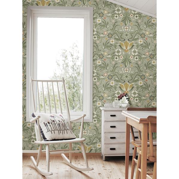 A Street Prints Ostanskar Green Retro Floral Wallpaper