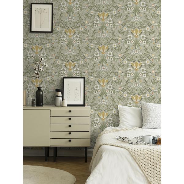 A Street Prints Ostanskar Green Retro Floral Wallpaper