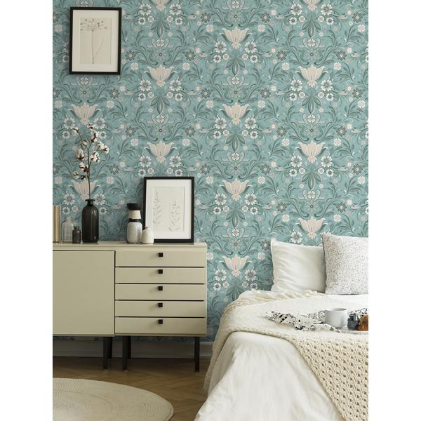 A Street Prints Ostanskar Turquoise Retro Floral Wallpaper