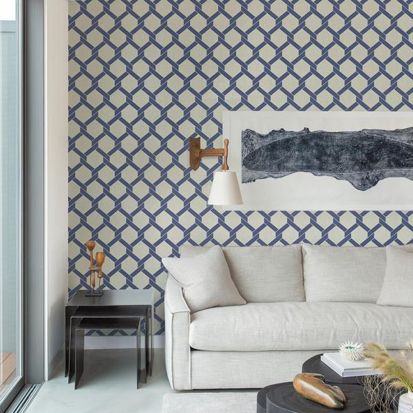A Street Prints Payton Blue Hexagon Trellis Wallpaper