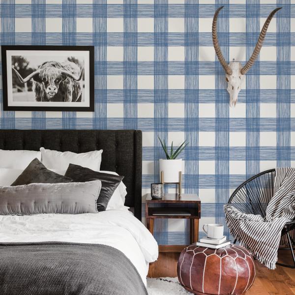 A Street Prints Scarborough Indigo Striated Plaid Wallpaper