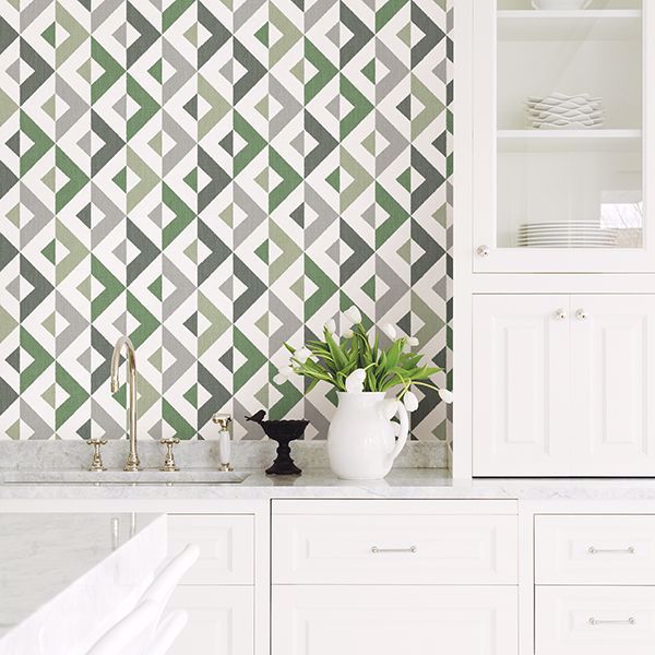 A Street Prints Seesaw Green Geometric Faux Linen Wallpaper