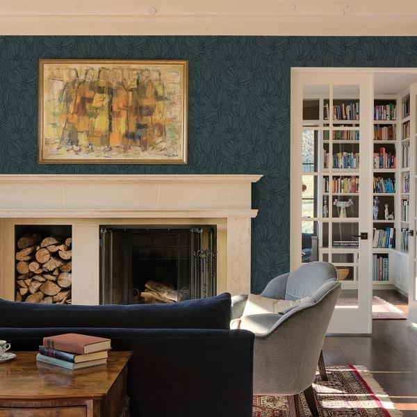 A Street Prints Selwyn Flock Dark Blue Floral Wallpaper