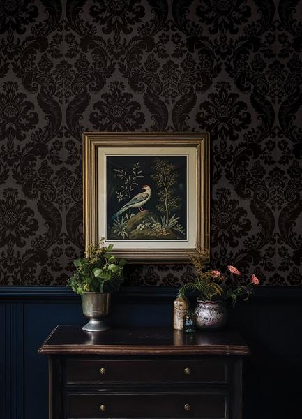 A Street Prints Shadow Black Flocked Damask Wallpaper