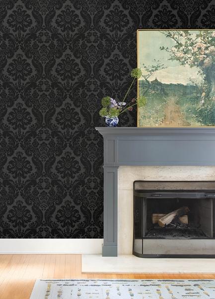 A Street Prints Shadow Black Flocked Damask Wallpaper