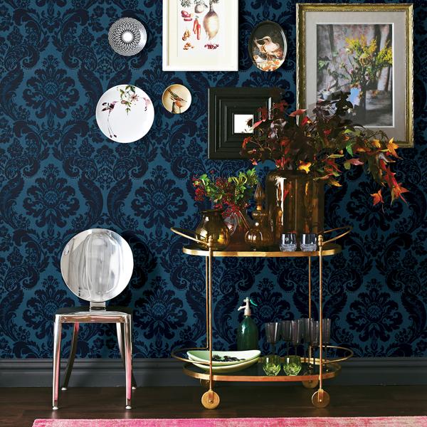 A Street Prints Shadow Blue Flocked Damask Wallpaper