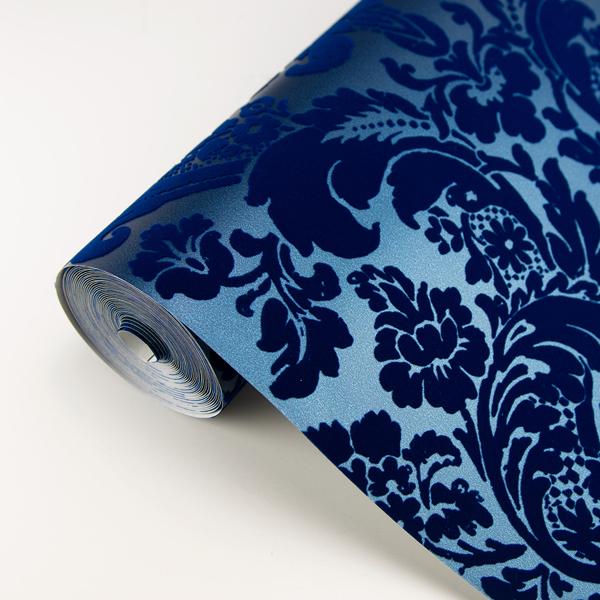 A Street Prints Shadow Blue Flocked Damask Wallpaper
