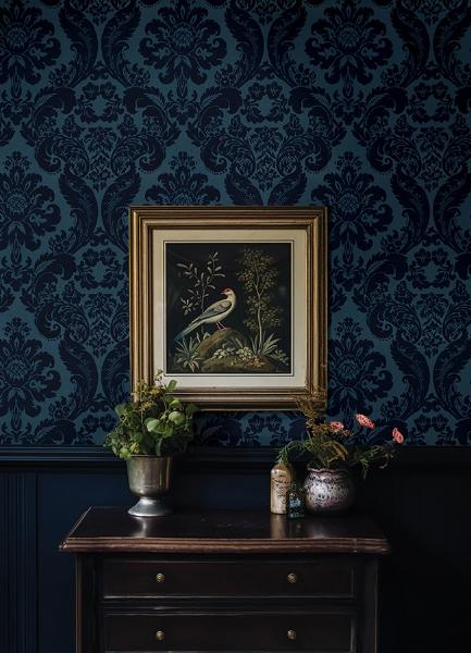 A Street Prints Shadow Blue Flocked Damask Wallpaper