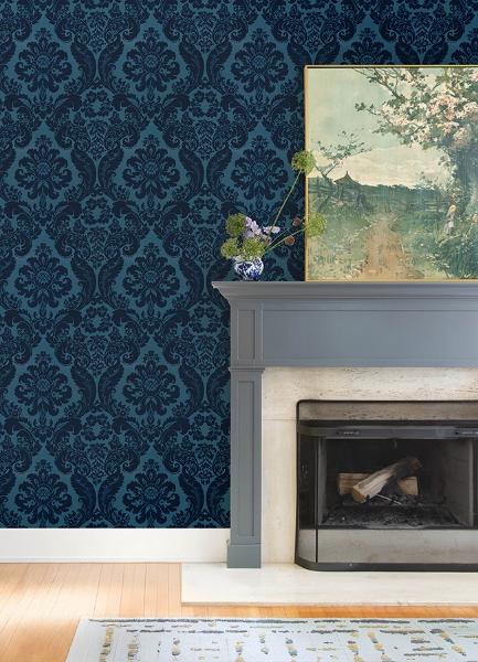 A Street Prints Shadow Blue Flocked Damask Wallpaper
