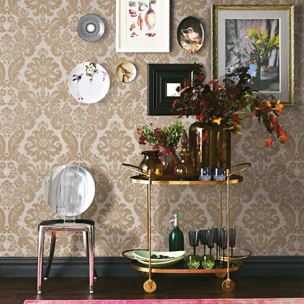 A Street Prints Shadow Khaki Flocked Damask Wallpaper