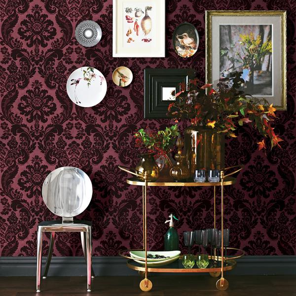 A Street Prints Shadow Merlot Flocked Damask Wallpaper