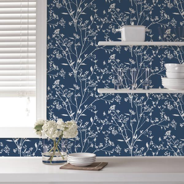 A Street Prints Southport Navy Delicate Branches Wallpaper