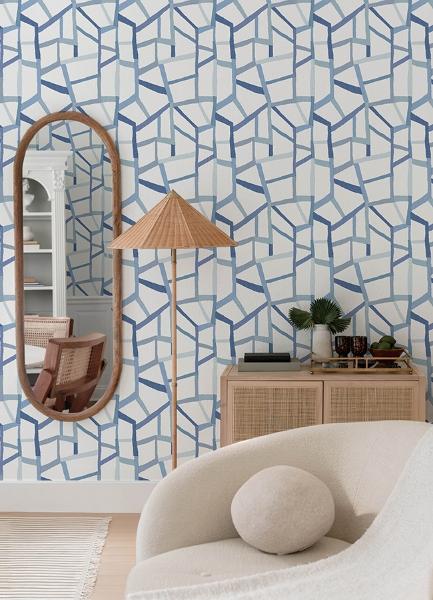A Street Prints Tate Blue Geometric Linen Wallpaper