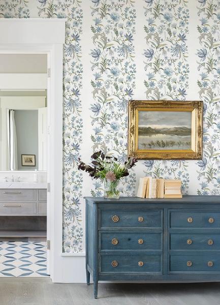 A Street Prints Teonna Blue Floral Stripe Wallpaper