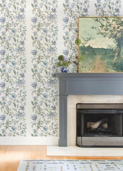A Street Prints Teonna Blue Floral Stripe Wallpaper