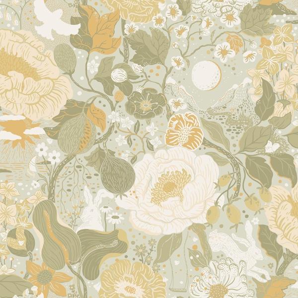 a street prints Växa Light Grey Rabbits & Rosehips Wallpaper