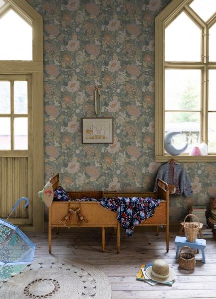 A Street Prints Växa Slate Rabbits & Rosehips Wallpaper