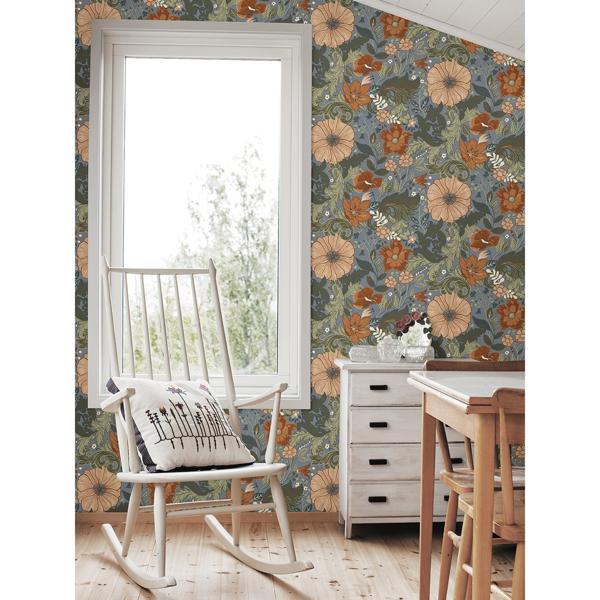 A Street Prints Victoria Blue Floral Nouveau Wallpaper