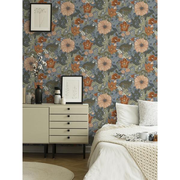 A Street Prints Victoria Blue Floral Nouveau Wallpaper