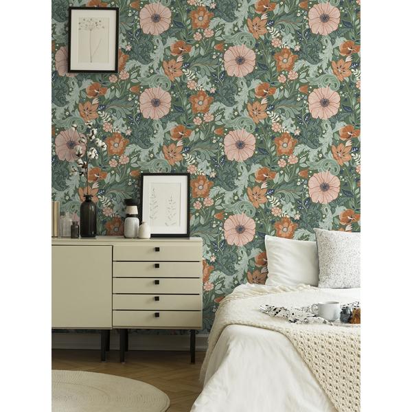A Street Prints Victoria Green Floral Nouveau Wallpaper