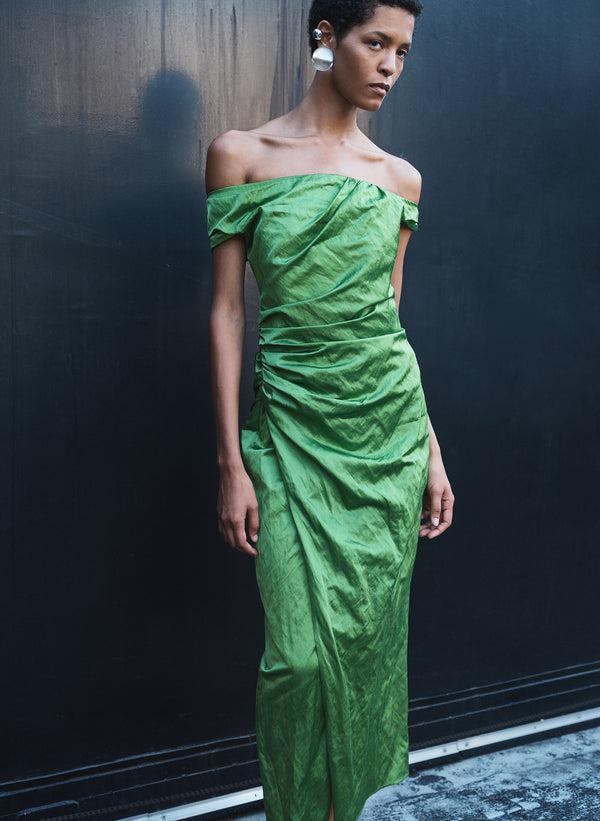 a.l.c. Camille Off Shoulder Satin Dress Lily Green