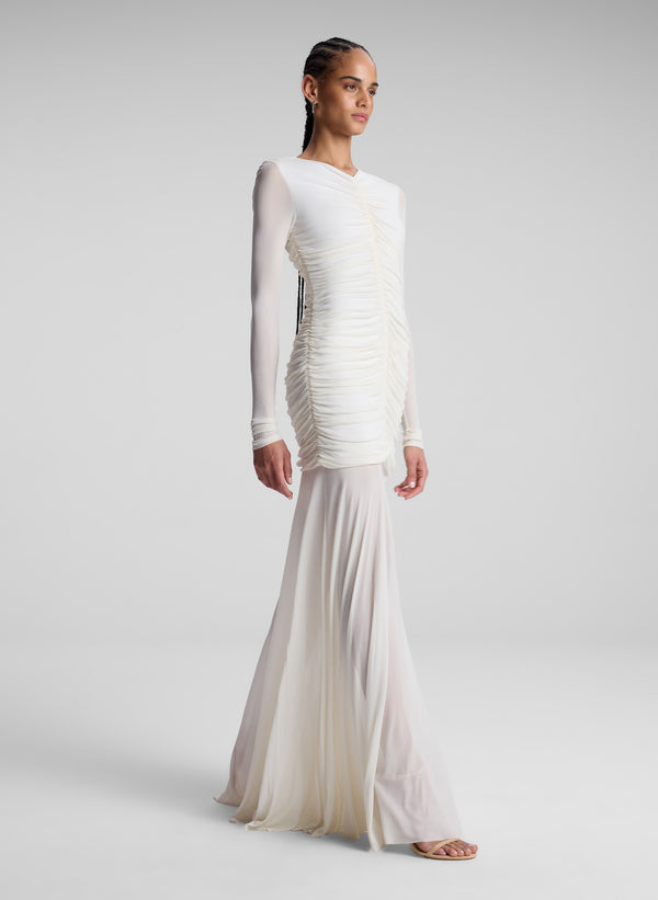 a.l.c. Fawn Ruched Mesh Maxi Dress Off White