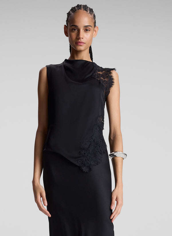 a.l.c. Gracie Satin and Lace Sleeveless Top Black