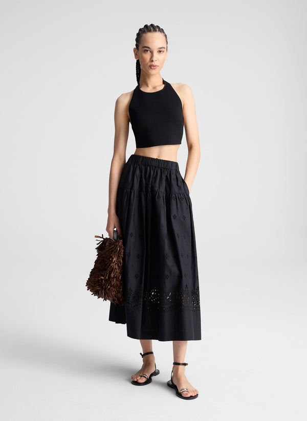 a.l.c. Jay Embroidered Cotton Midi Skirt Black
