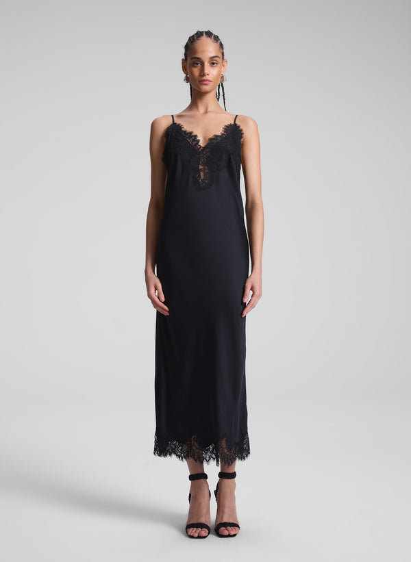 a.l.c. Lennon Satin and Lace Midi Dress Black/Black