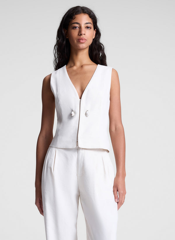 a.l.c. Leo Pearl Embellished Linen Vest Buttercream