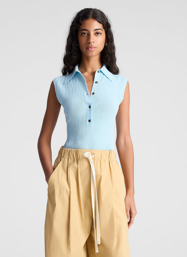 a.l.c. Ollie Fine Cotton Knit Polo Top Sky Blue