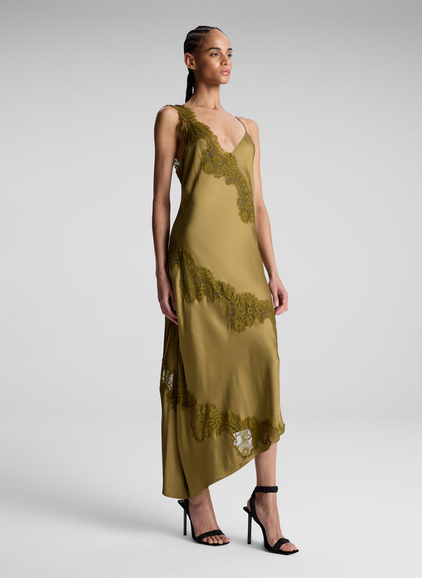 A.l.c. Stella Satin And Lace Midi Dress Pyrite