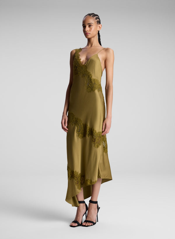 A.l.c. Stella Satin And Lace Midi Dress Pyrite